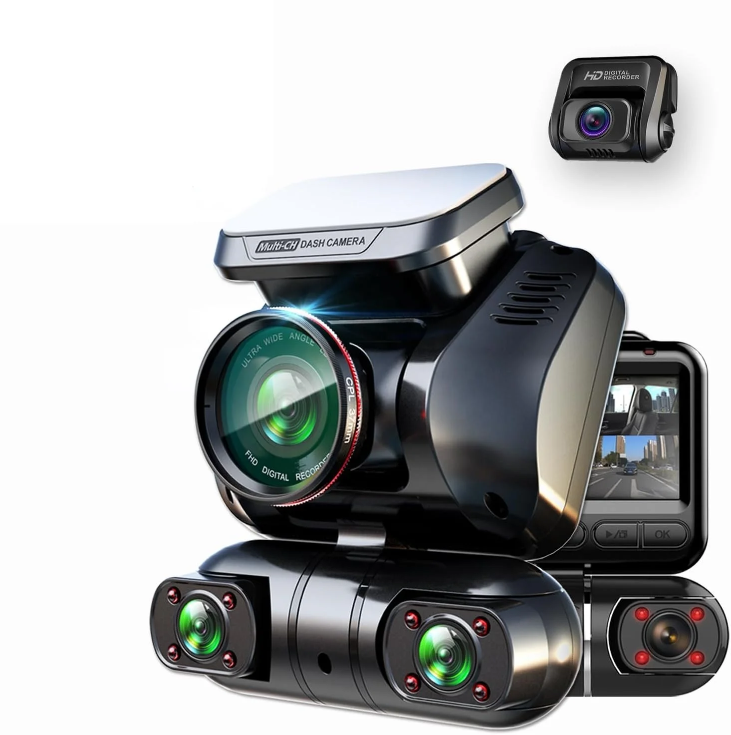 USB C Power car camera dvr wifi gps recording 128GB memory card storage 4CH channel dash cam front and rear with CPL filter