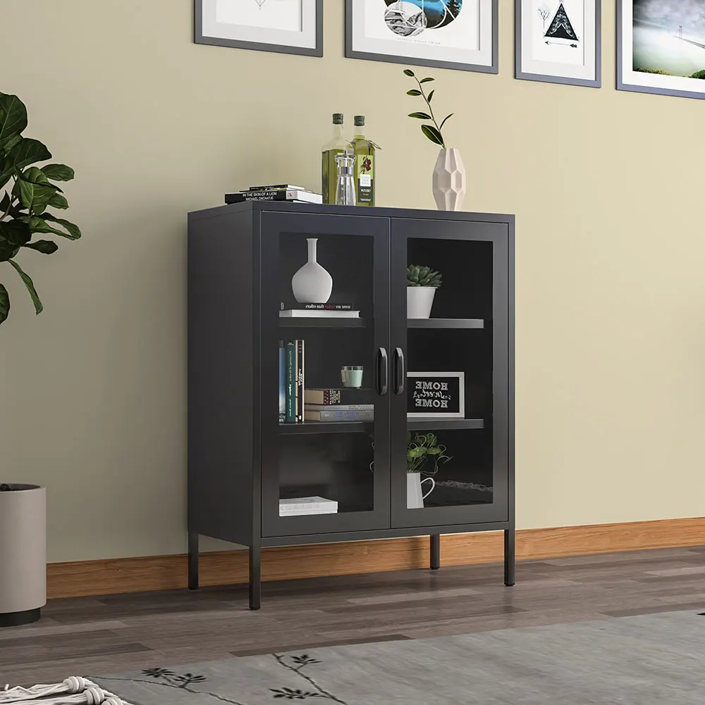 Nordic Style White Metal Side Cabinet with Tempered Glass Door 3-Tier Storage for Living Room