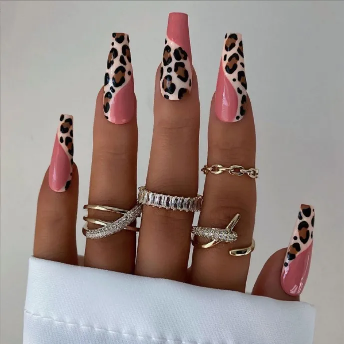 OEM New 3D Long Coffin Leopard Design French Press On False Nail Full Cover Ins Artificial Fingernails Full Abs Manicure 24pcs