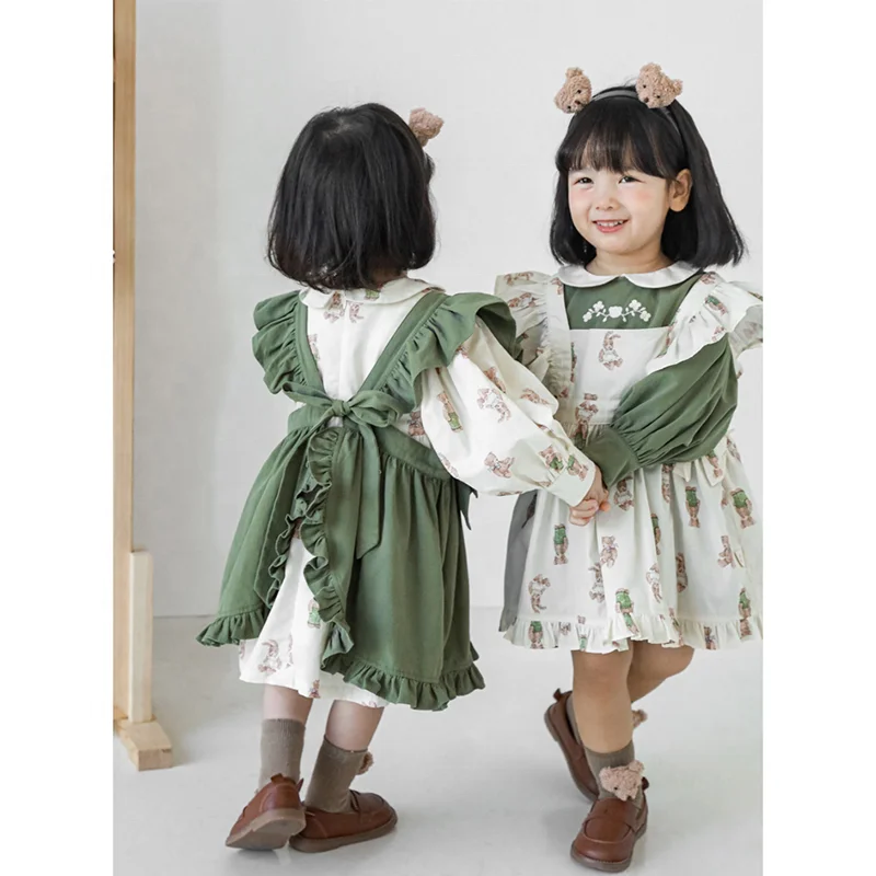 Spring Autumn Toddler Kids 100% Cotton Long Sleeve Dress For Girls Puffy Two Piece Fall Baby Girls Dresses Set With Bows