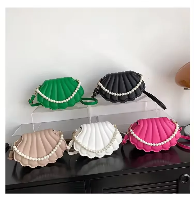 Hot Selling New Shell Shape Woman Single Shoulder Bag with Pearl Chain Fashion PU Leather Woman Handbag Bag Cute Crossbody bag