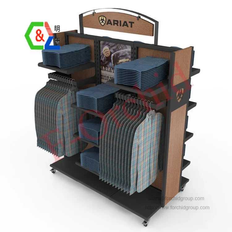 Unique Garment Store Free Standing Custom Wood Metal 2-Way Clothing Jeans Hanging Display Rack