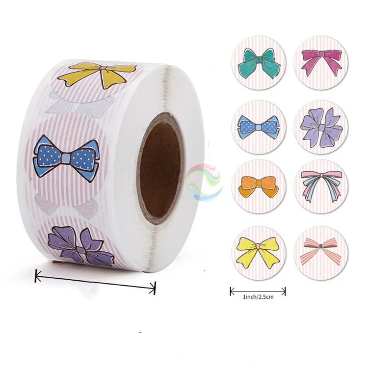 New Style Small Round Bow Tie Paper Kids Stickers Labels Roll for Gift for School