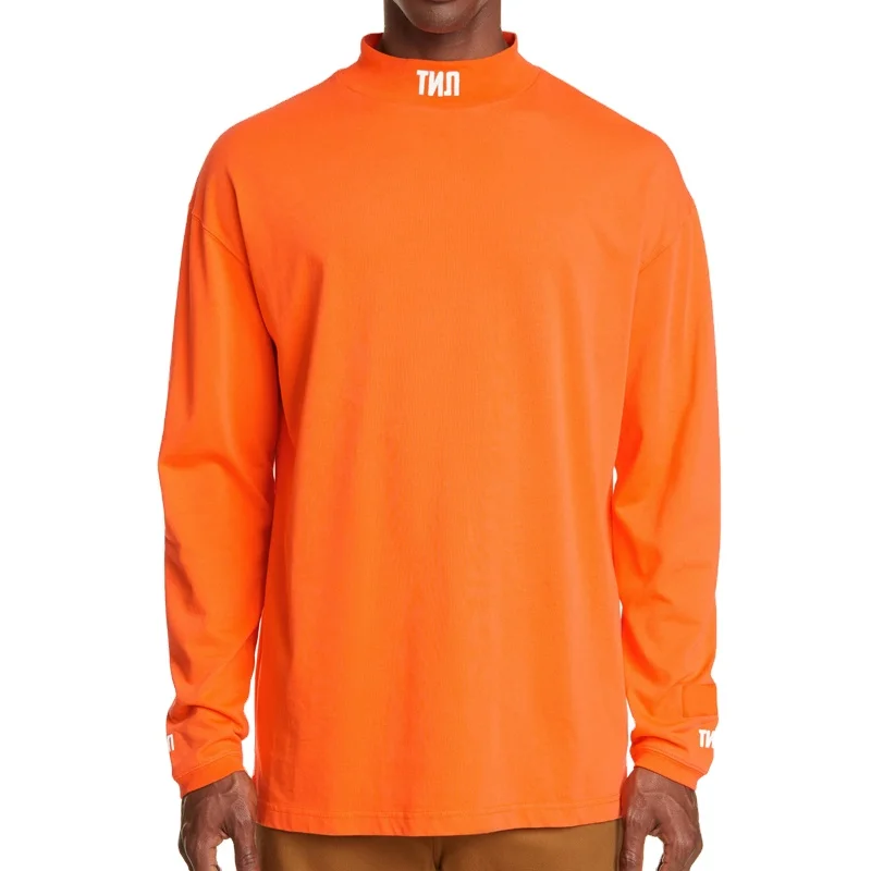 Fashion Wear Heavy Cotton Orange Color Customized Logos Men Mock Neck Long Sleeve