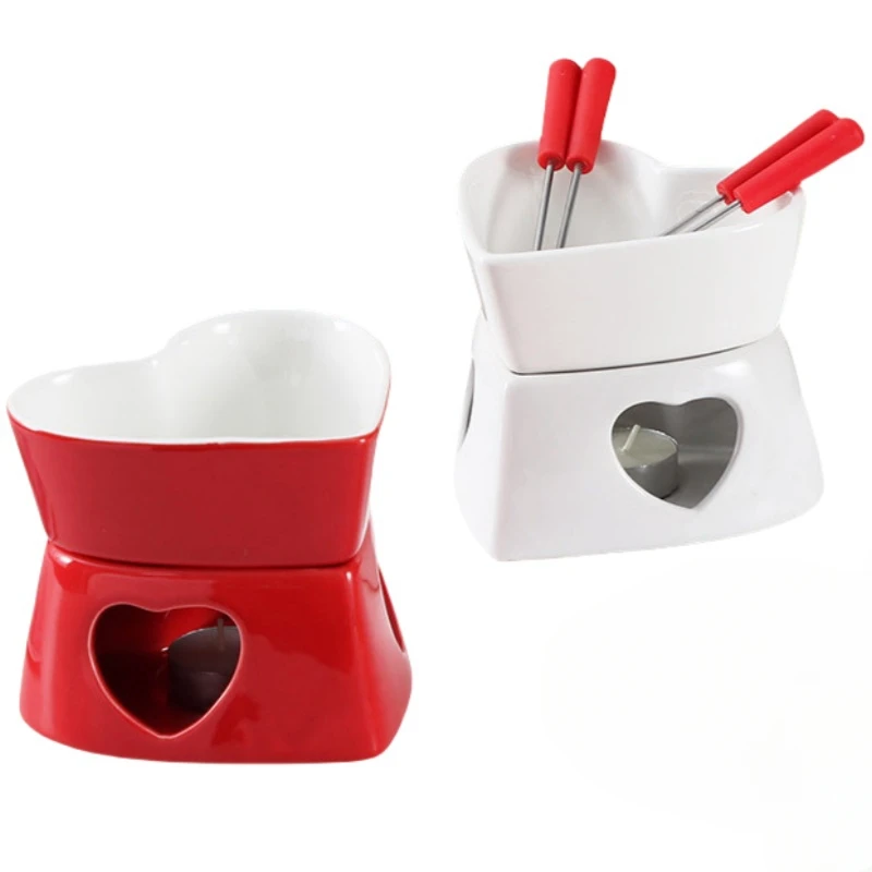 Butter Warmer Fondue Set Wedding Heart Shape Melting Pot Ceramic Chocolate Cheese Fondue Set With Fork