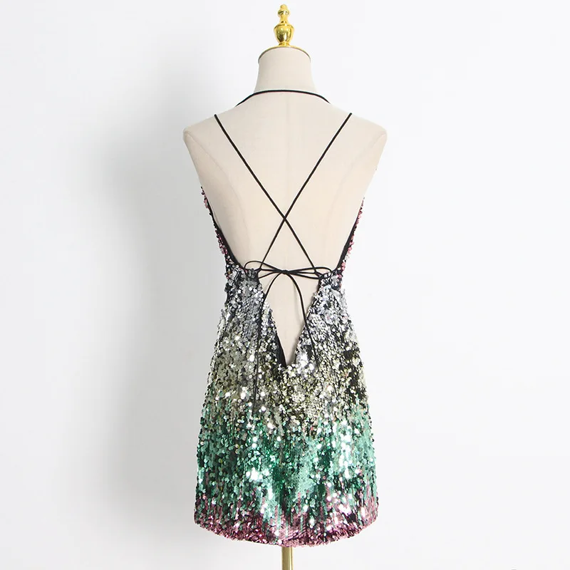 Fashion V-neck sleeveless gradual backless strap-up dress sexy sequin suspender skirt
