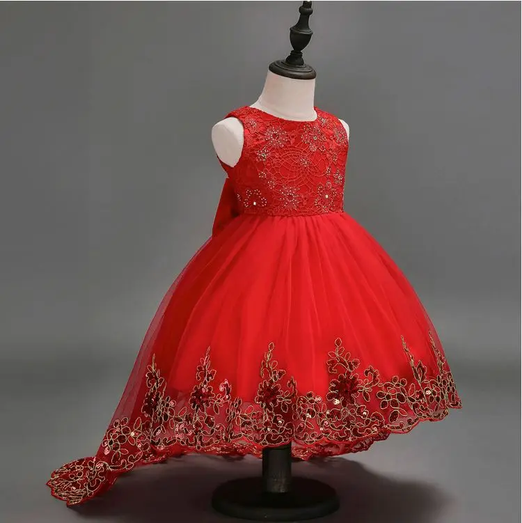 High-grade red wedding gown kid Birthday party dress Girl Flower Dress for 10 years old