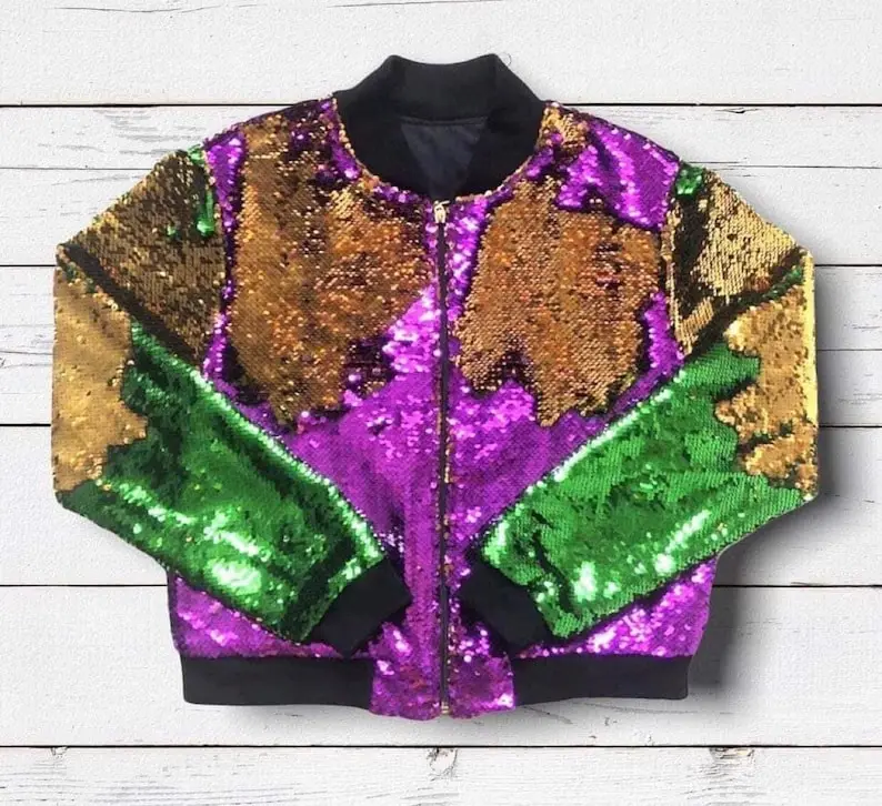 RTS Hot sale  Mardi Gras Woman Reversible Sequin Jacket Kids Girl  Rugby  Longsleeve Zipper Gold Puiple Green Party Jacket