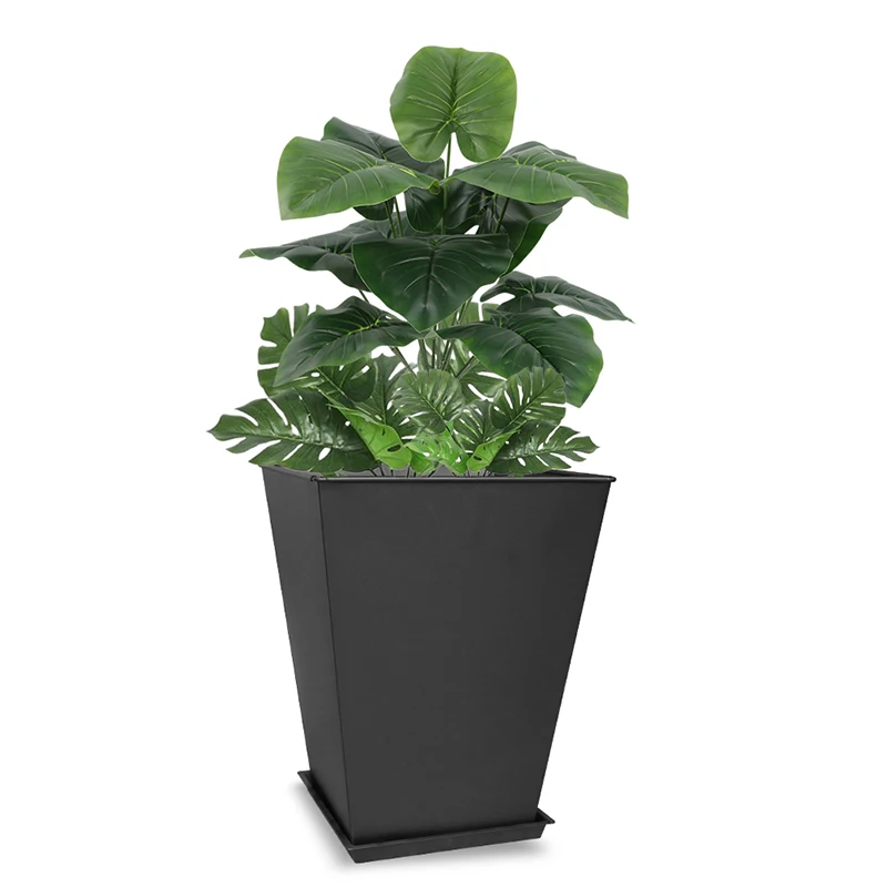 18 Inch Metal Black Square Planter Pots Large Galvanized Steel Tall Tapered Flower Pots with Saucer for  Garden  Outdoor Decor