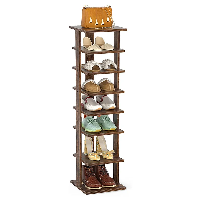8 Tiers Wooden Shoe Shelf, Space Saving Narrow Shoe Rack Tall Shoe Rack Organizer, wooden shoe rack Rustic Brown