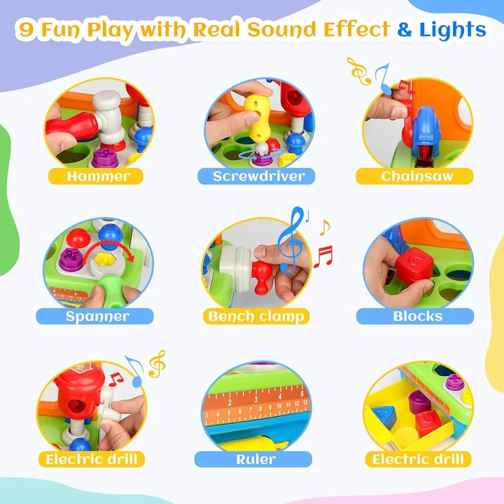 Kids pretend play workshop construction workbench toy shape sorter mini tool kit baby tool bench play set with sounds and lights