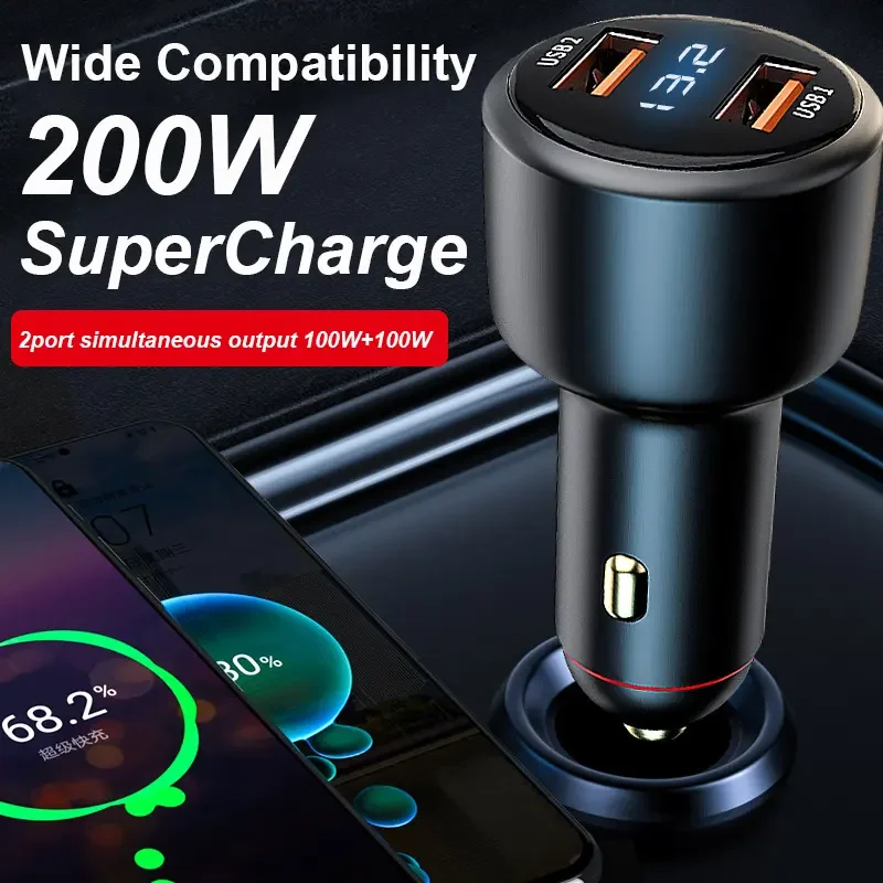Дпрп зарядное устройство с двумя портами 200W USB Автомобильное дисплеем напряжения 2 QC3.0 USB-A 100W 66W SuperCharge для Huawei Честь VIVO OPPO Xiaomi