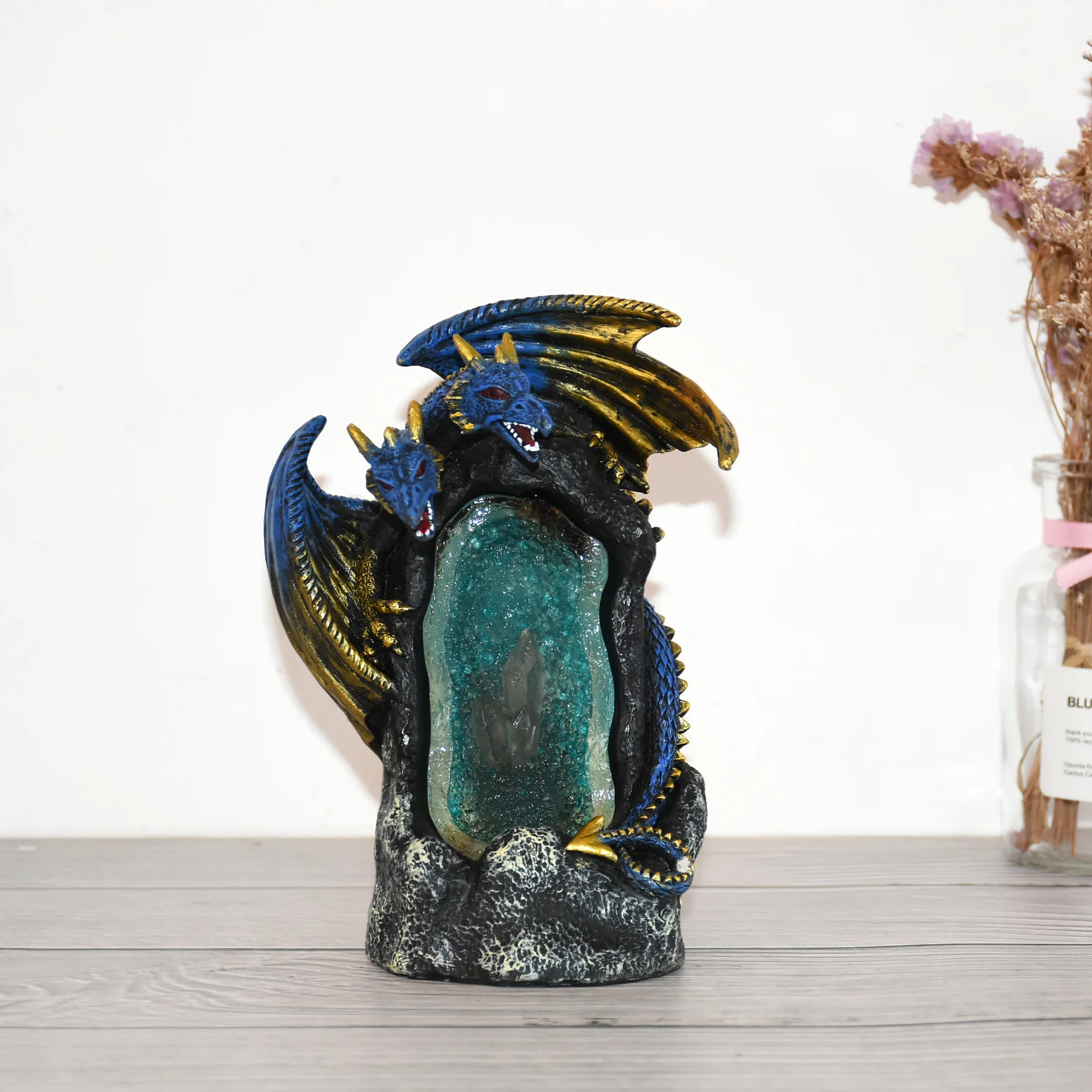 hot new led colorful crystal lamp backflow incense burner custom resin double-headed dragon creative home crafts incense burner
