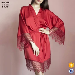 Ladies nightgown red kimono robe silky satin short dressing gown with lace trim