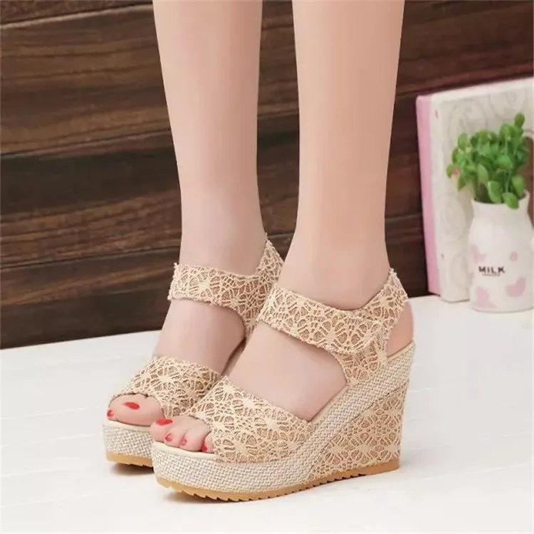 New summer ladies high heel shoes women wedge heel sandals, fish-toe magic tape sandals female heel shoes