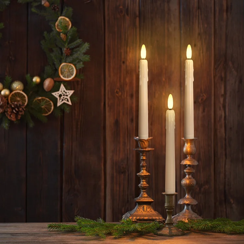 Set Of 3 pcs FREEPOWER Wedding Birthday Decoration  White Plastic Battery Operated Tear Long Led Taper Candle