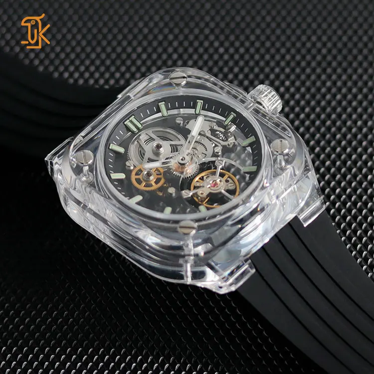 SANYIN Custom Square Transparent Watches No Logo Luxury Skeleton White Automatic Mechanical Wrist Watch Manufacturers