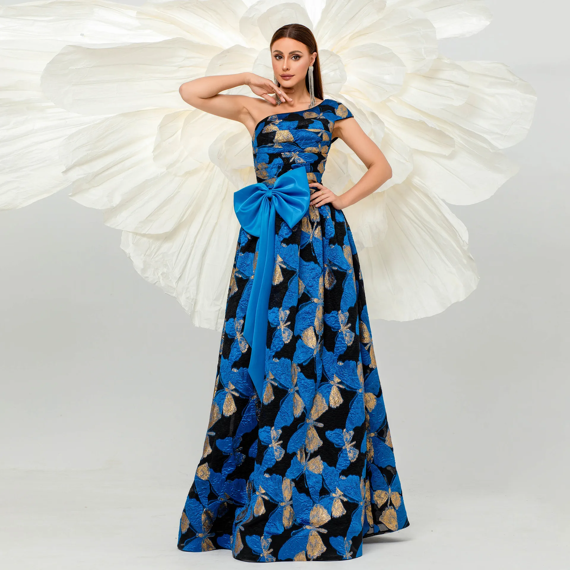 2025 Ladies Blue Summer Bandage Elegant Jacquard Ruffle One Shoulder Sleeveless Floral Empire Floor-Length Parties dress