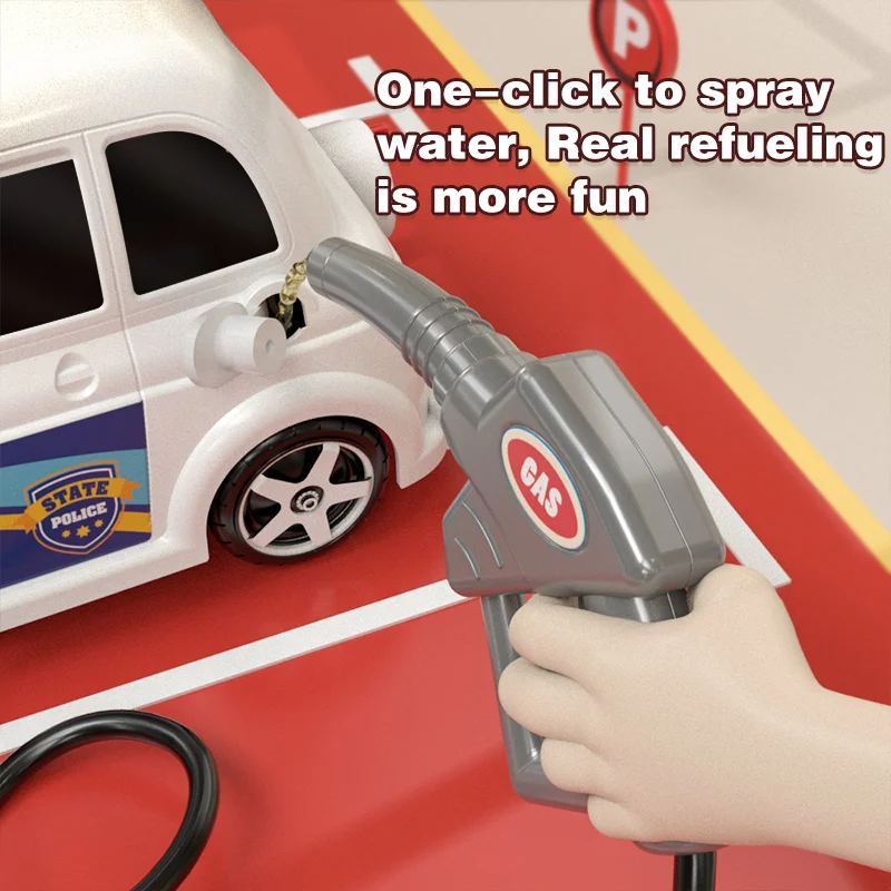 XST Kids Creative Simulation Plastic Early Education Pretend Play Toys Scene with Spray Vehicle Parking Lots Gas Station Toys