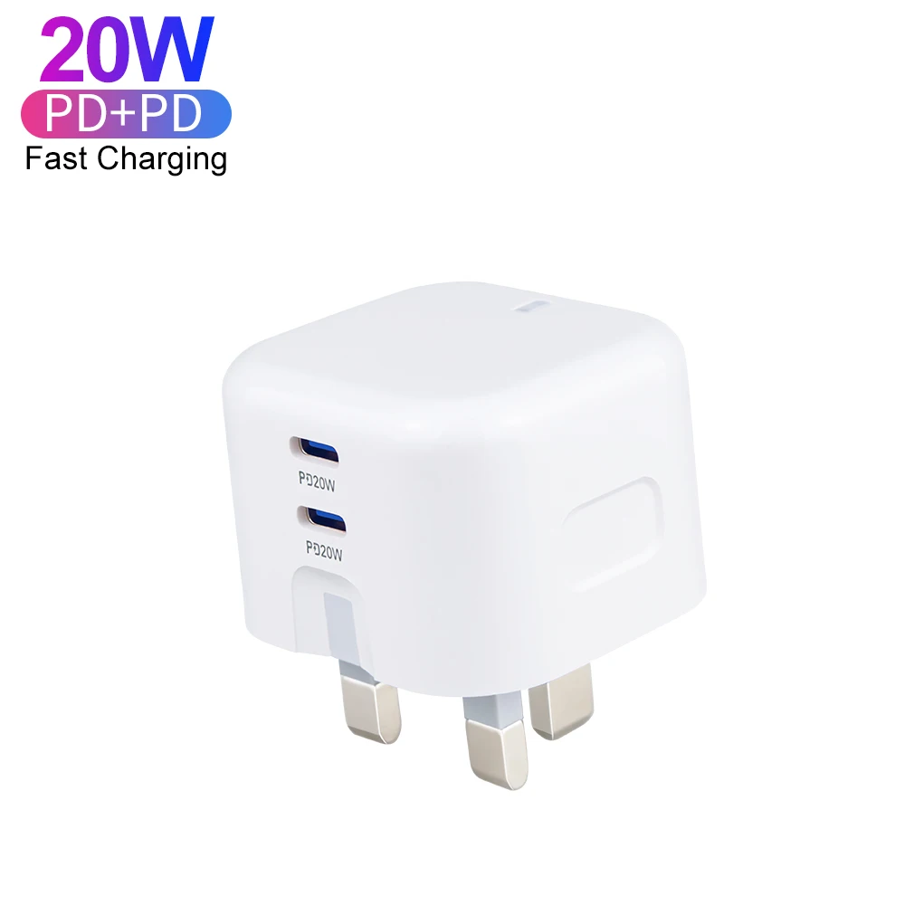 Charger UK Dual 20W USB C Port PD Fast Charger Type C Foldable Wall Charger UK Plug for iPhone 15 14 13 Pro Max