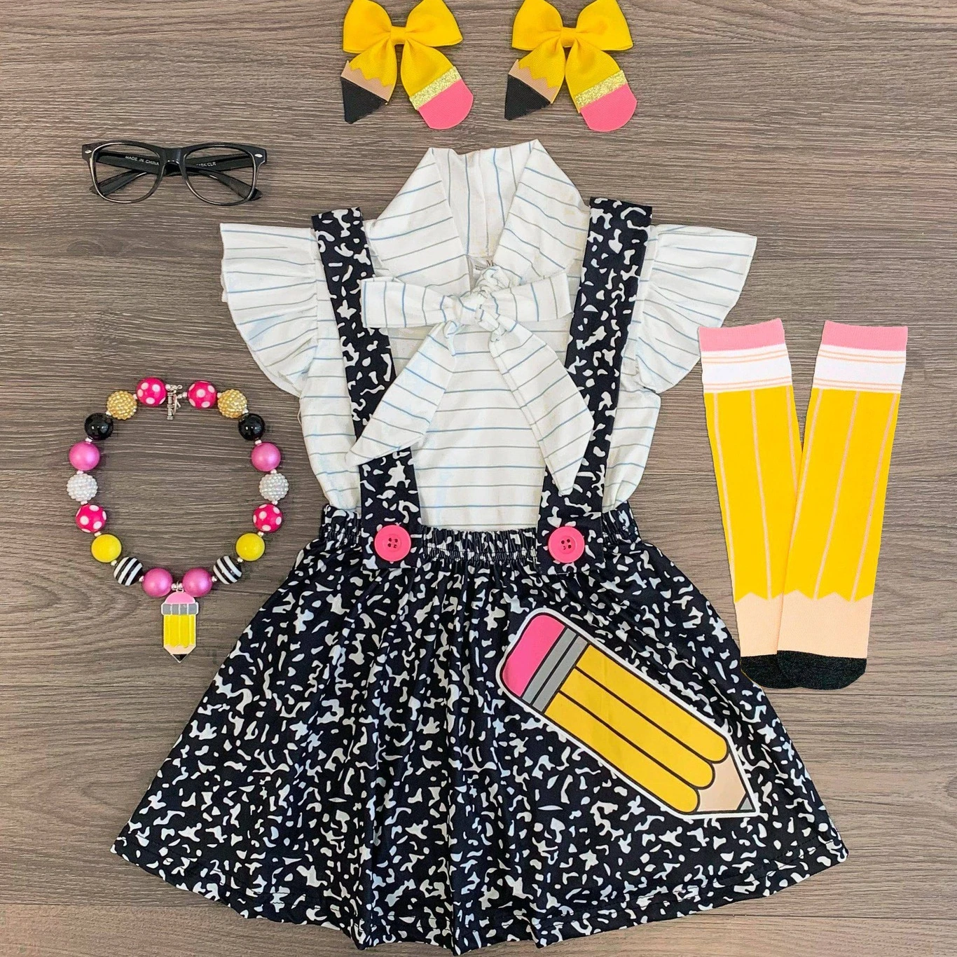 Girls Pink Pencil Suspender Skirt Set Ruffle Short Sleeve Back to School Suit Kids School Toddler Girls Dress Two-Piece Set