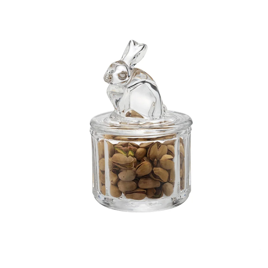 Cheap high quality easter day decorative gift storage glass bunny candy jar with glass lid