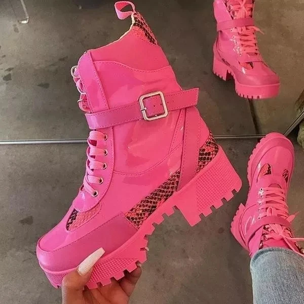 platform shoes fall boots for women high fashion snakeskin lace up ankle chunky motorcycle platform marten boots 2021