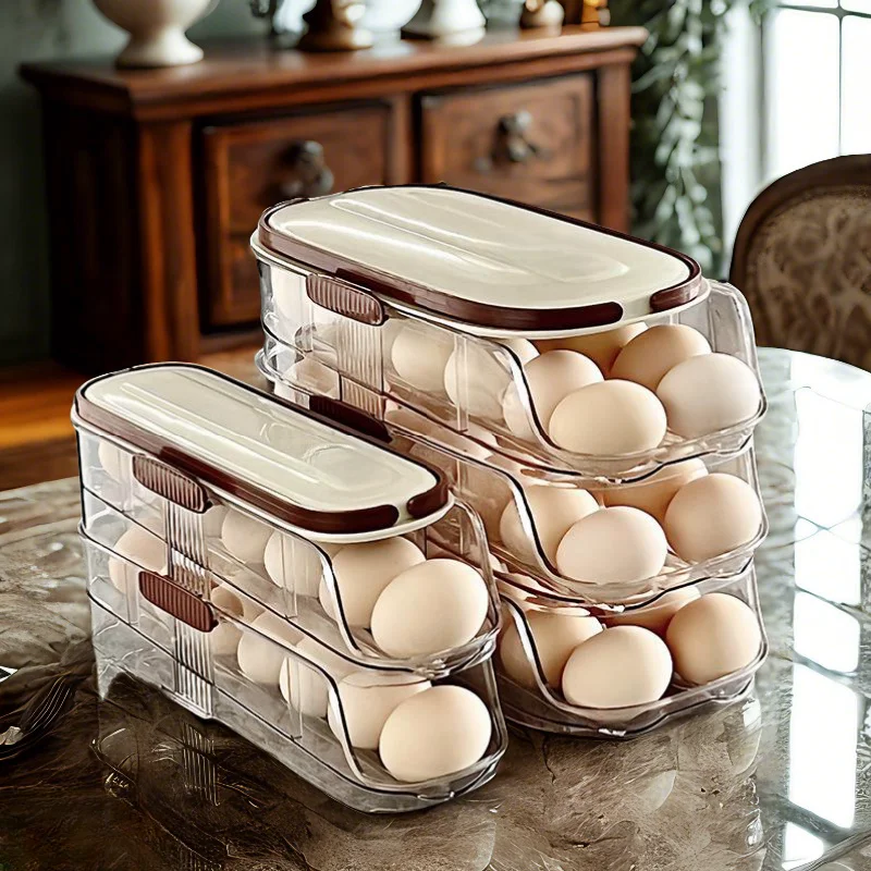 Self-Rolling Egg Container Organizer Injection Plastic PET Eggs Shelf Portable 3-Layer Eggs Holder