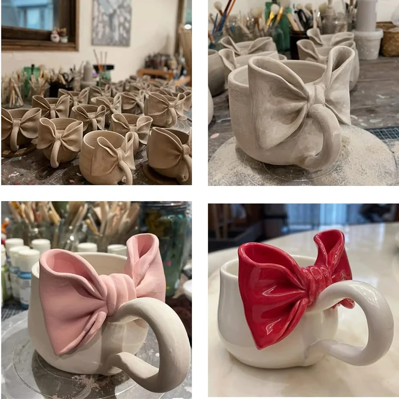 2024 Mug Wholesale OEM ODM Bulk Handpainted 3D Ceramic Creative Unique Shaped Valentine Coffee Bow Cute Mugs for Girls