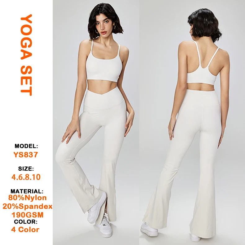 Wholesale High Impact U Neck Fitness Vest Sports Bra Crossover High Waist Split Yoga Flared Pants Leggings Seamless Yoga Set