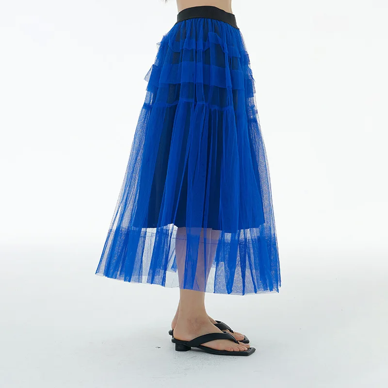 Patchwork Mesh Skirt For Women Female Fashion New Spring High Waist Casual Cake TWO Layers Ball Gown Skirts