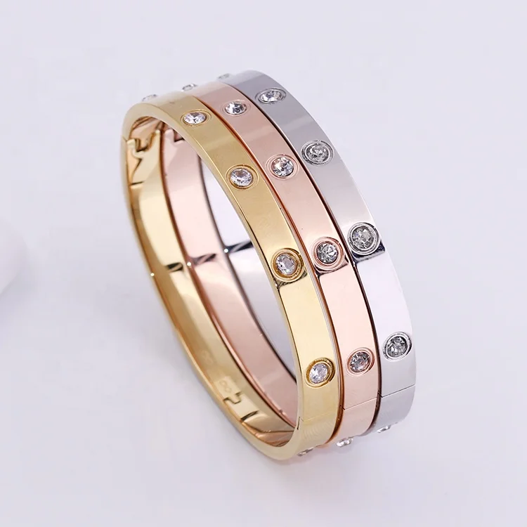 wholesale custom 316L stainless steel fashion jewelry 18K gold plated crystal classic love cuff bracelet bangle for women men
