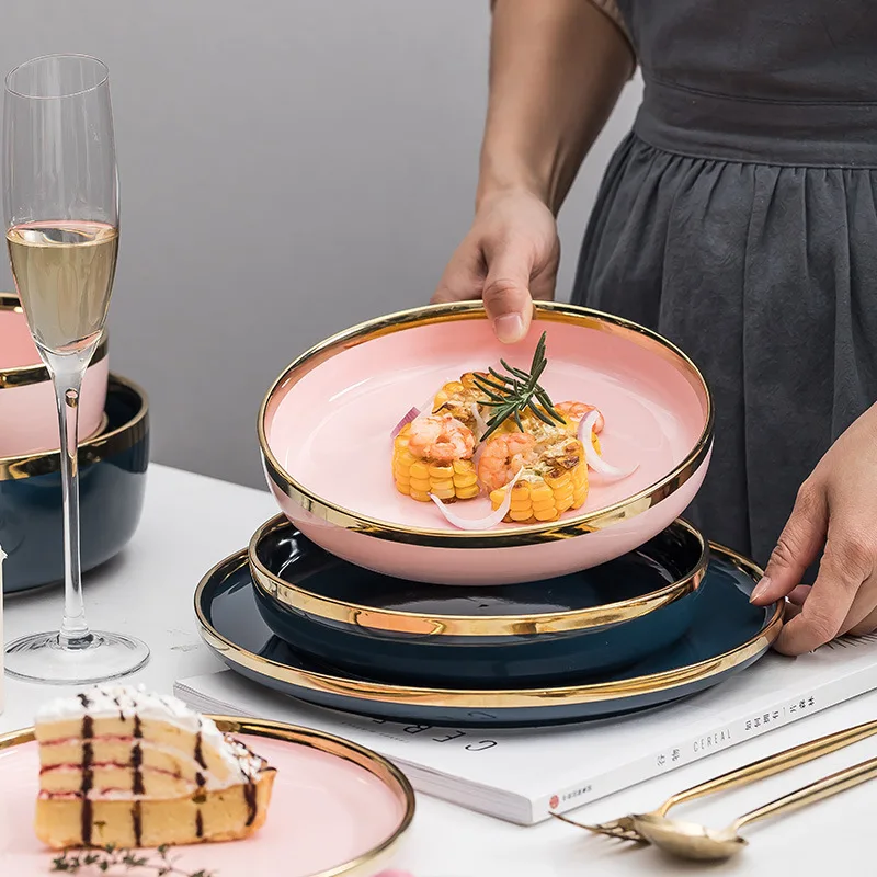 German porcelain marble luxury dinnerware tableware gold rim pink and green restaurant ceramic plates dishes sets modern