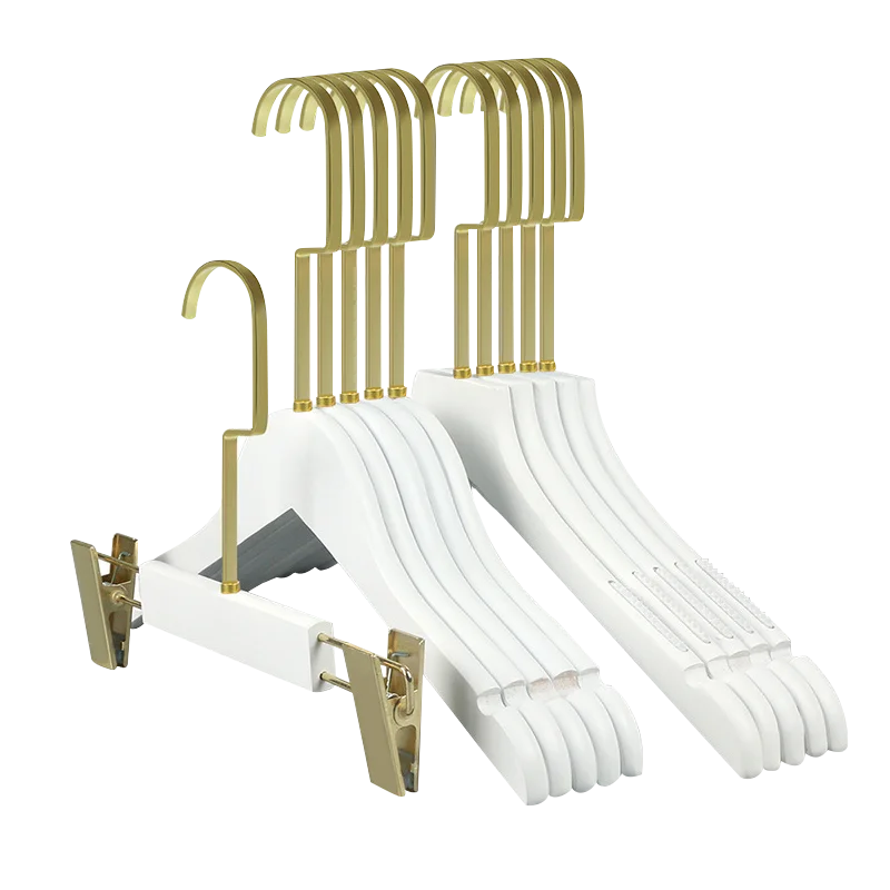 Wholesale customized clothing store adult and baby clothes coats pants white wooden hanger with gold hook