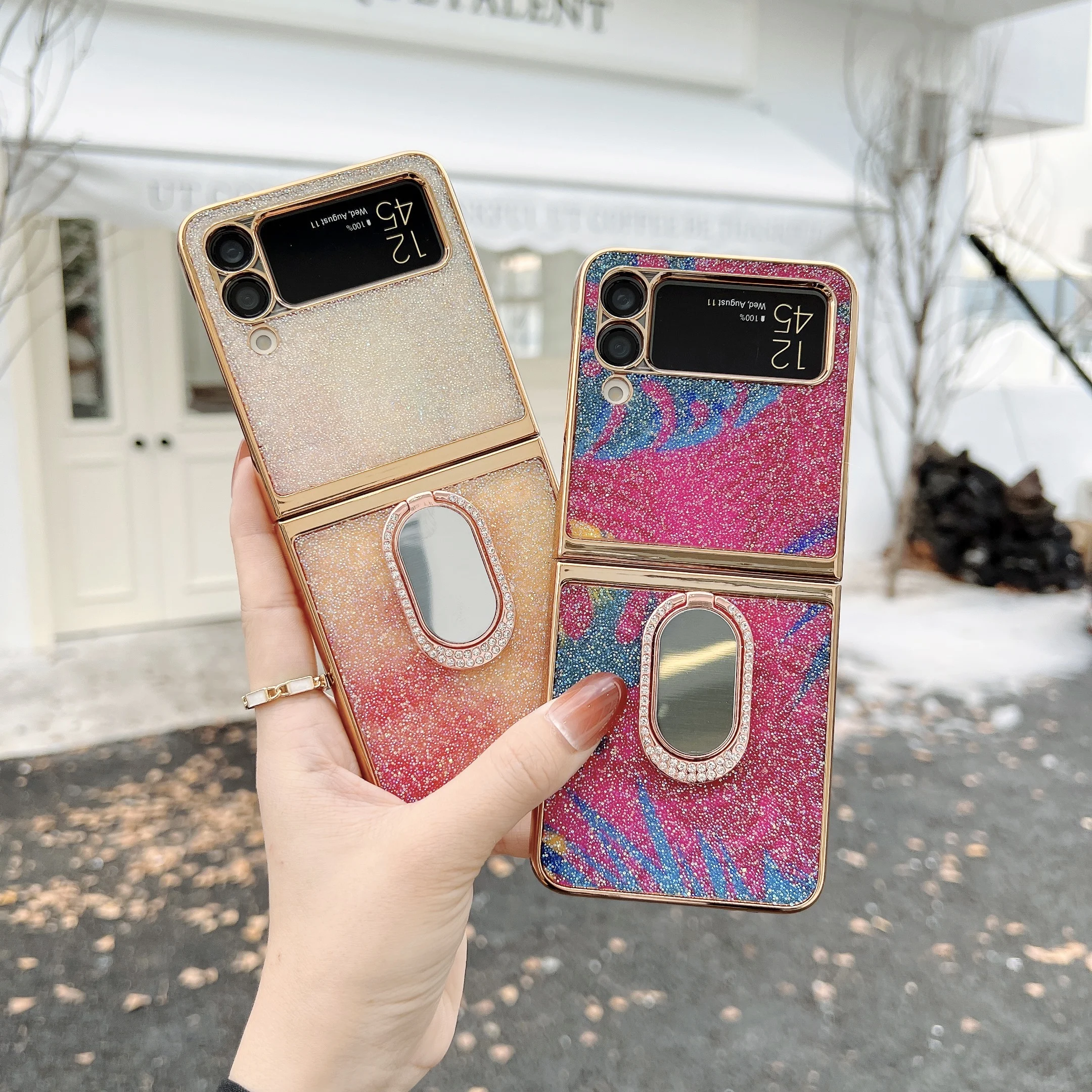 Luxury Glitter Case with Folding Mirror Ring Buckle Bling Phone Case Shell For Samsung Z Flip 3 case