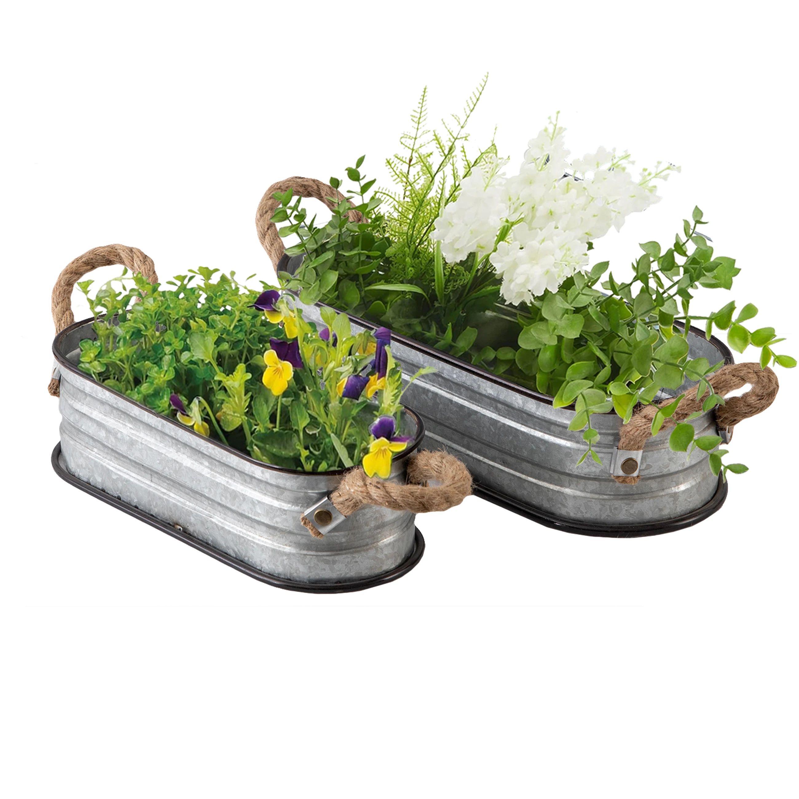 Hot Selling Decorative Oval Metal Galvanized Planter High Quality Rustic Metal Tin Flower Planter Pot For Home Garden Decoration