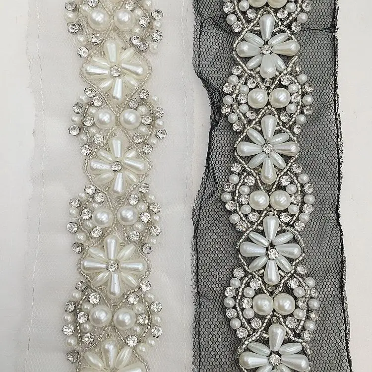 
GUGUTREE Pearl Beaded Lace Edge Trim,beads laces trim Ribbon,Bridal Dress Tassel DIY braid accessory appliques,KZ-2032580 