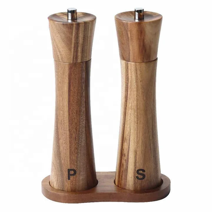 Wholesale Wood Pepper Grinder Spice Grinder with Adjustable Coarseness Acacia Wood Salt and Pepper Mill Set for home kitchen