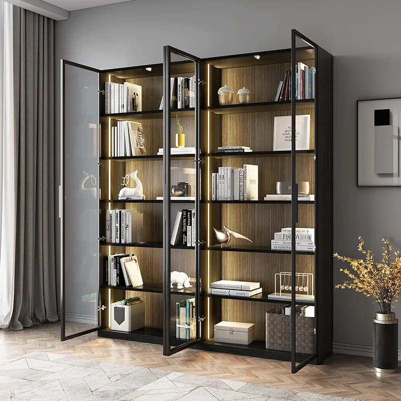 Multi-function Combination Glass Door LED Light Display Bookcase Wine Cabinet Book Shelf