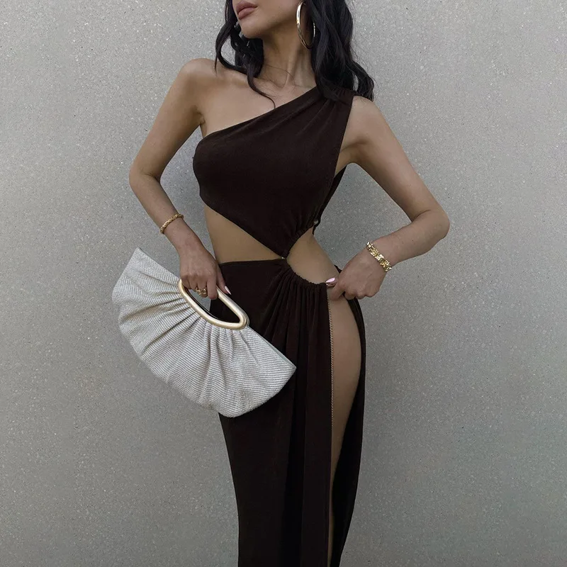 2022 fashion white/black elegant sexy one shoulder hollow out high slit maxi dress romantic style for women