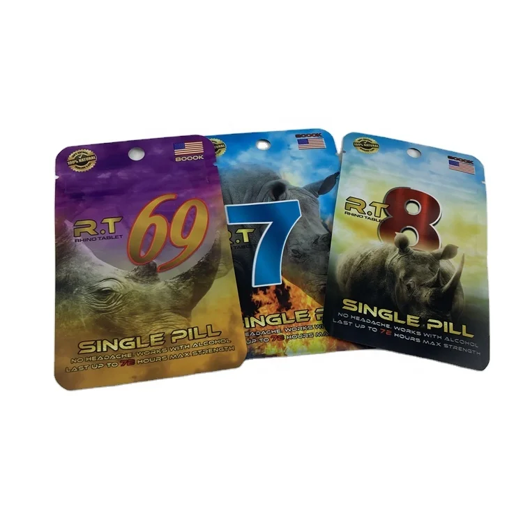 Wholesale Custom Supermarket Retail Rhino Pills Capsules Male Enhancement Matte Foil Pouch Bag And Display Box Counter Top