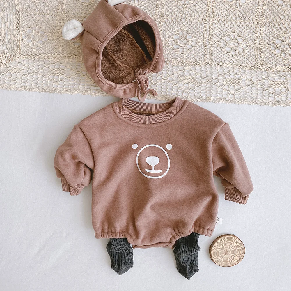 rts Baby Fleece Bear Clothes 2020 Late Autumn boys girls Baby Cartoon Triangle Romper with hat