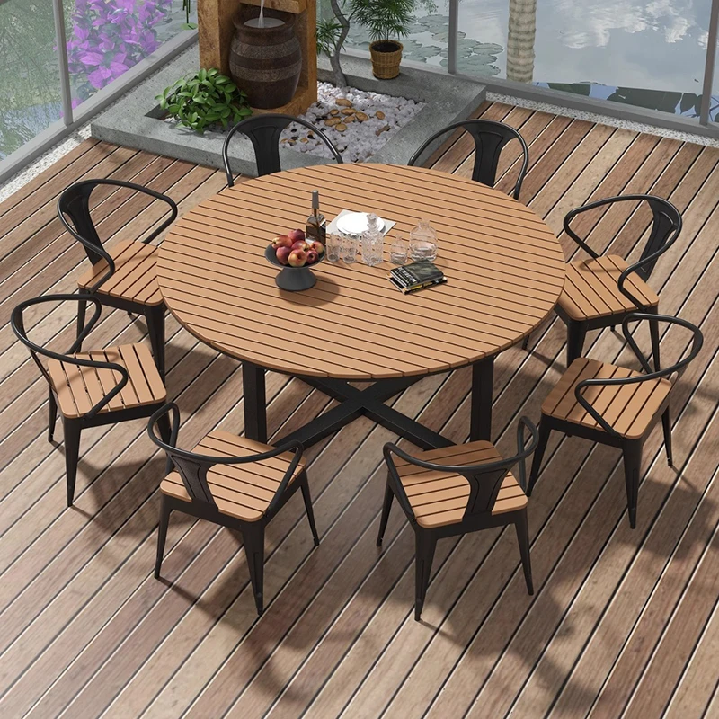 Round Outdoor Dining Table Set Plastic Wood Outdoor Tables for Restaurant and Dining Room in Garden Tables and Chairs sets