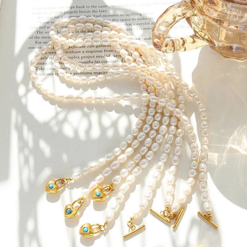 Aimgal 5mm natural freshwater pearl necklace blue turquoise lock pendant 316L stainless steel plated 18k gold