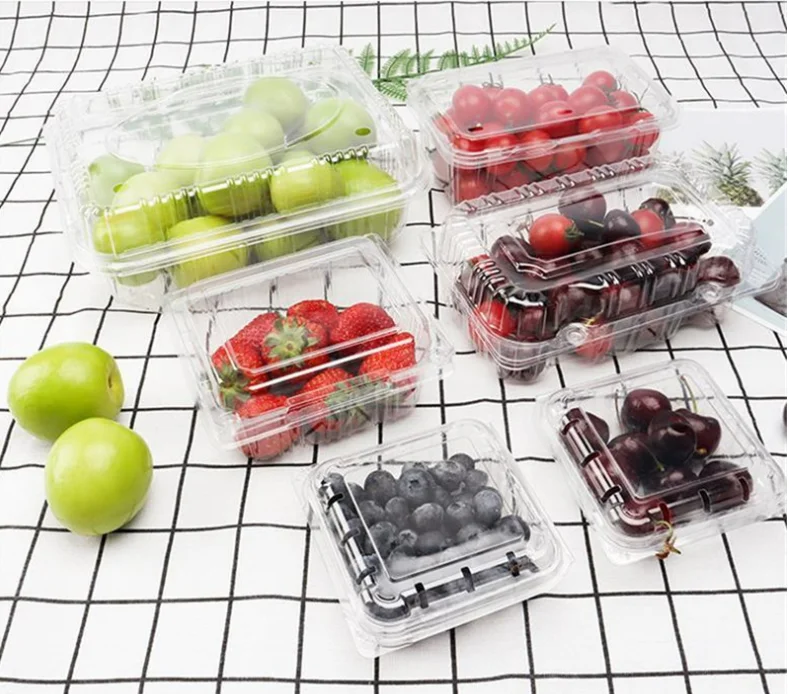 Custom clear transparent food container PET plastic clamshell vegetable fruit packaging box for grape lychee cherry