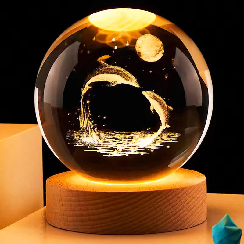 High-end atmospheric Crystal crafts Wedding birthday gift 3D laser carved crystal ball Music box 80mm wooden crystal ball