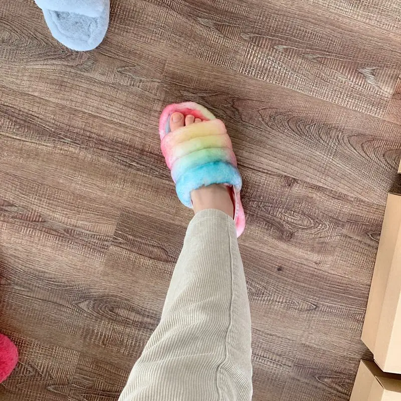 
Сланцы женские зимние из натуральной овечьей шкуры, мягкая теплая обувь для дома, домашние тапочки из овечьей кожи с открытым носком и перекрестным мехом 