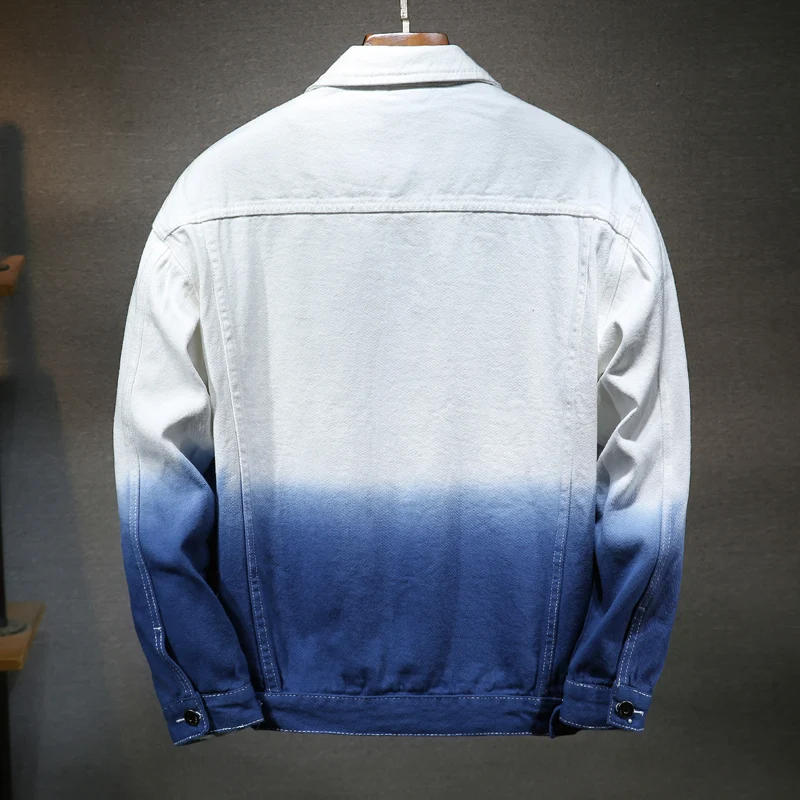 New Denim Jacket Hip Hop Streetwear Fashion Loose Men Gradient Red Blue Black White Design Jeans Jacket