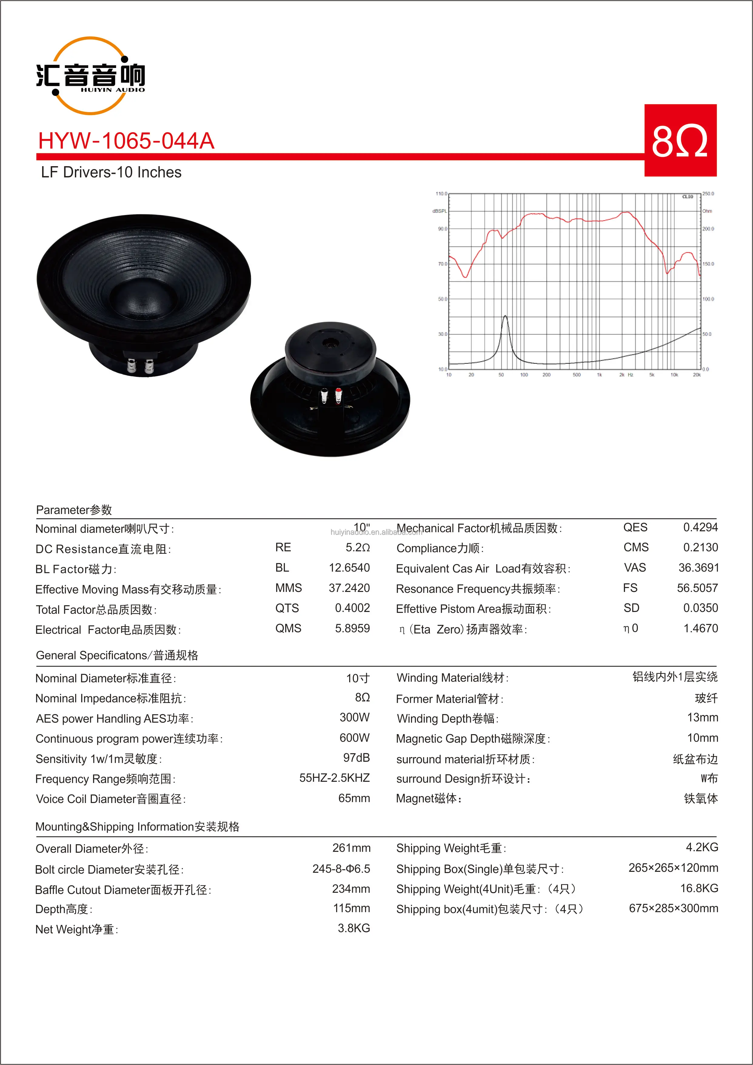 1065-044A In Stock Low Price 10 Inch Ferrite Speakers Big Power RMS 300W Mid Bass Pro Line Array Woofer Speakers For Sale