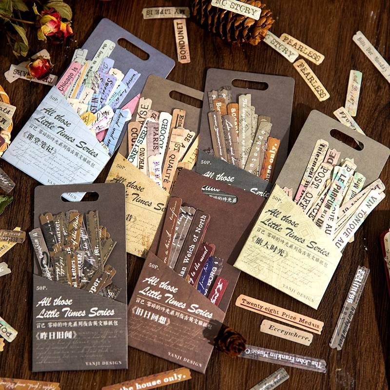 50pieces/pack Retro English Sticker Package Fragmented Time Series Retro Collage Hand Account Sticker Decoration 6 Models